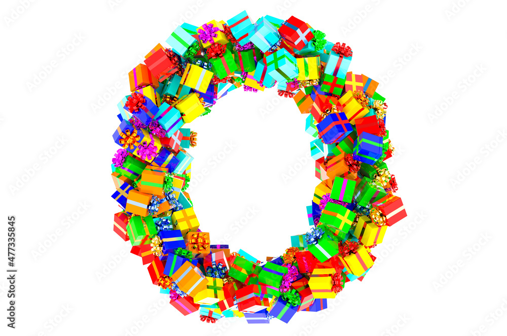Letter O from colored gift boxes, 3D rendering Letter O from colored gift boxes, 3D rendering