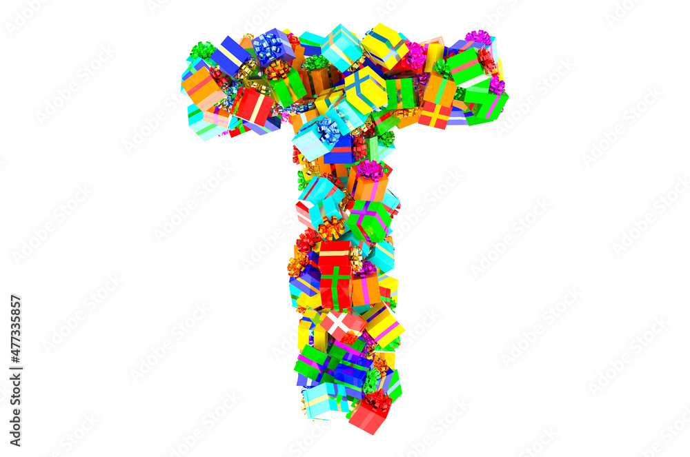 Letter T from colored gift boxes, 3D rendering Letter T from colored gift boxes, 3D rendering