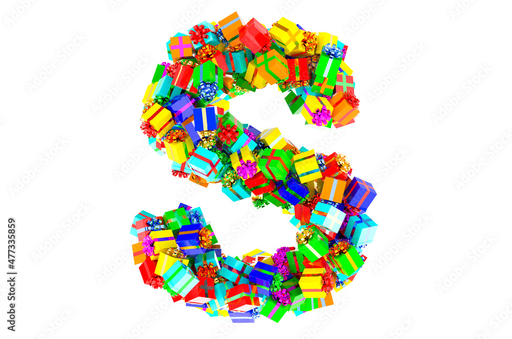 Letter S from colored gift boxes, 3D rendering