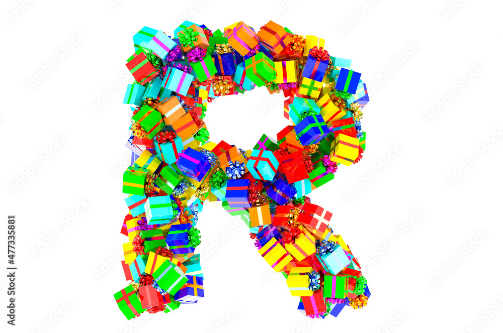 Letter R from colored gift boxes, 3D rendering
