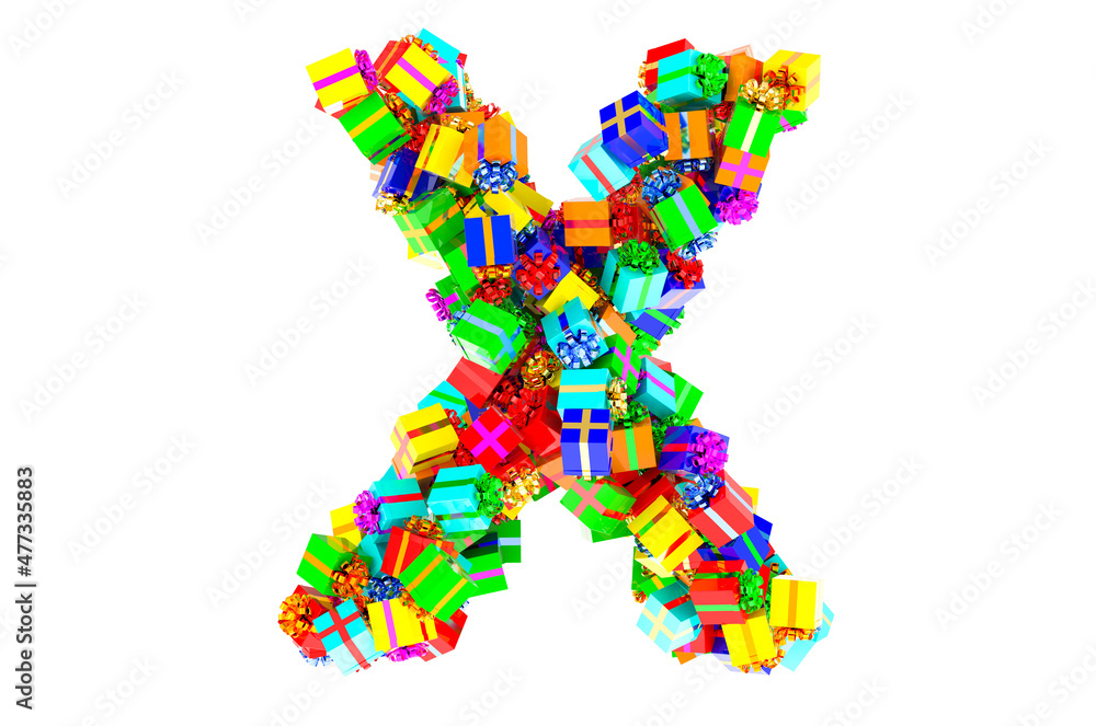 Letter X from colored gift boxes, 3D rendering
