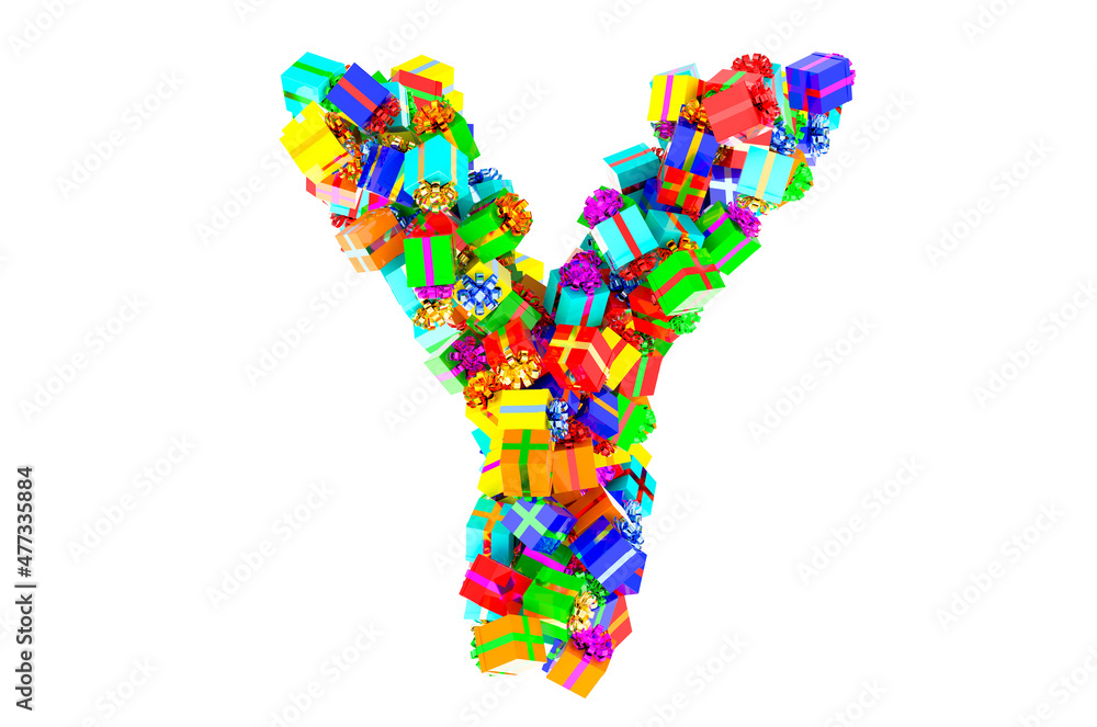 Letter Y from colored gift boxes, 3D rendering