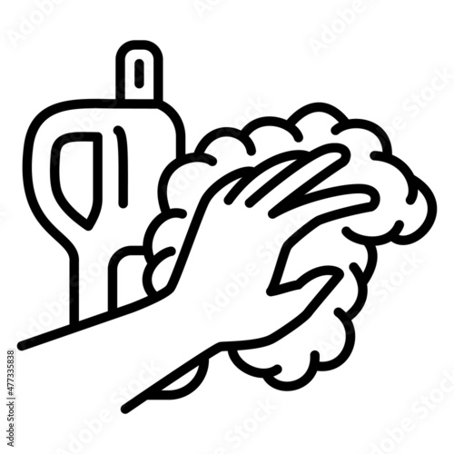 A gloved hand with a sponge, a bottle of cleaning agent. Cleaning, washing, disinfection, hygiene, sanitation. Vector icon, outline, isolated