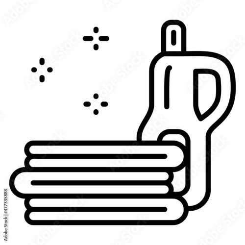 A stack of ironed laundry, a bottle of liquid moisturizer. Vector icon, outline, isolated