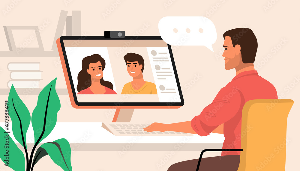 Man meeting with mix face during video call vector. Online home videoconference webinar Man meeting with mix face during video call vector. Online home videoconference webinar