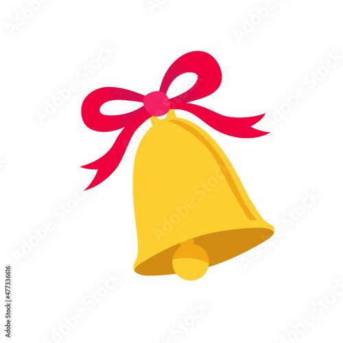Golden bell with red bow. Vector flat illustration isolated on a white.