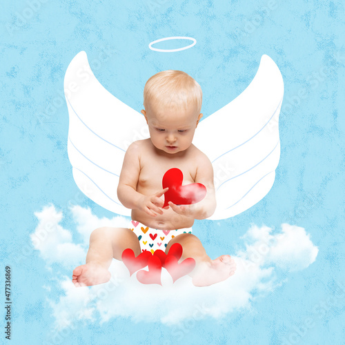 Creative art collge. Little girl, toddler in character of love angel looking at hearts, sitting on cloud isolated over blue background photo