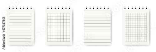 Set of paper sheets of notebook or copybook with shadow. Memo note pads or diary with lined and squared paper page templates. Vector