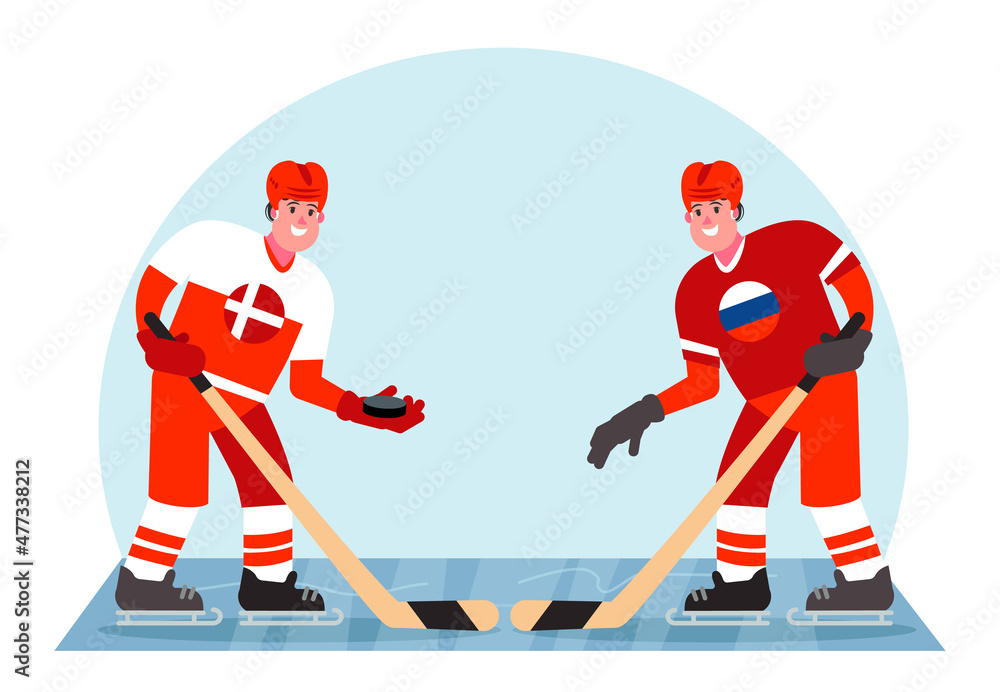 Fototapeta premium Ice hockey players. Competition between Denmark and Russia. Vector illustration in a flat style.