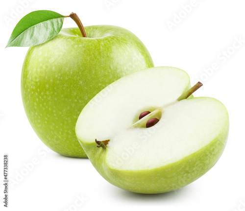 Whole green apple and a half, isolated on white background