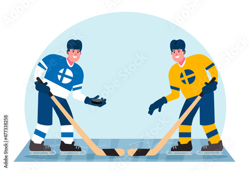Ice hockey players. Competition between Finland and Sweden. Vector illustration in a flat style.