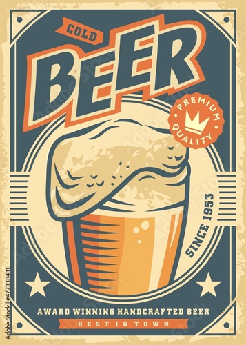 Promotional beer poster design. Retro flyer with beer glass on old paper texture. Vintage vector document template.