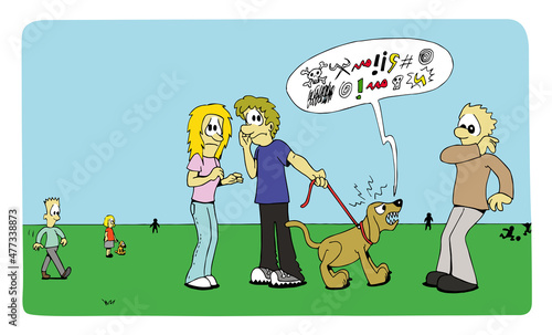Cute angry dog barking and insulting to a scared man in the park, with his embarrassed owners and other people looking. Colorful cartoon style vector vector illustration.