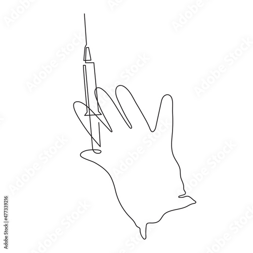 Gloved hand holding syringe, one line art, continuous drawing contour.Coronavirus vaccination, health care injection, treatment,preventive measures.Medical concept,injection dose. Editable stroke.