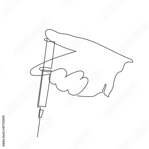 Gloved hand holding syringe, one line art, continuous drawing contour.Coronavirus vaccination, health care injection, treatment,preventive measures.Medical concept,injection dose. Editable stroke.