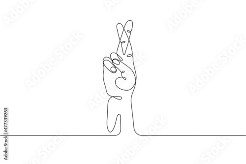 Single line drawn hand gesture,  minimalistic human hand with cross fingers, symbol of lie, on luck, superstition, wish, cheating. Dynamic continuous one line graphic vector design