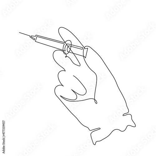 Gloved hand holding syringe, one line art, continuous drawing contour.Coronavirus vaccination, health care injection, treatment,preventive measures.Medical concept,injection dose. Editable stroke.
