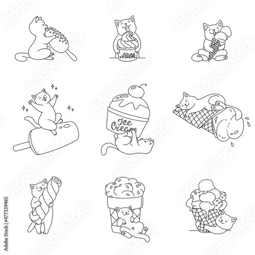 Collection of cute kittens with ice cream. Cute illustrations of white cats enjoying an ice cream isolated on a white background. Vector 10 EPS.