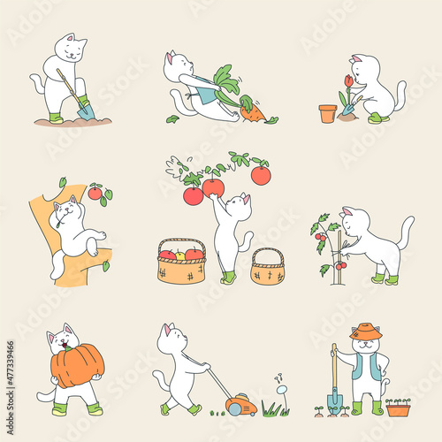 Collection of cute gardener kittens. Cute illustrations of funny white cats working in the garden isolated on a white background. Vector 10 EPS.