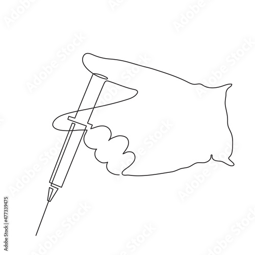 Gloved hand holding syringe, one line art, continuous drawing contour.Coronavirus vaccination, health care injection, treatment,preventive measures.Medical concept,injection dose. Editable stroke.