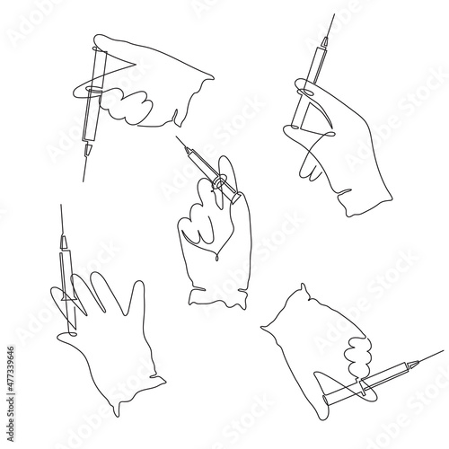 Gloved hands holding syringe, one line art, continuous drawing contour.Coronavirus vaccination, health care injection, treatment,preventive measures.Medical concept,injection dose. Editable stroke.