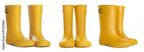 Set with yellow rubber boots on white background. Banner design