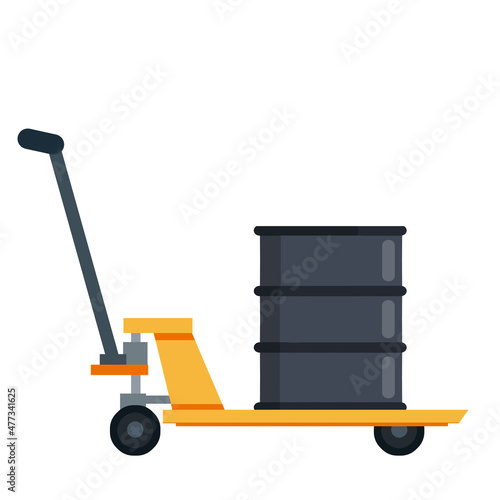 Cart with barrel of oil. Industrial shipping. Can with gasoline and fuel. Loading, Storage and logistics in warehouse. Handcart on wheels with load. Flat Platform trolley