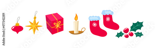 Christmas and New Year related objects horisontal composition. Vector illustration isolated on white.