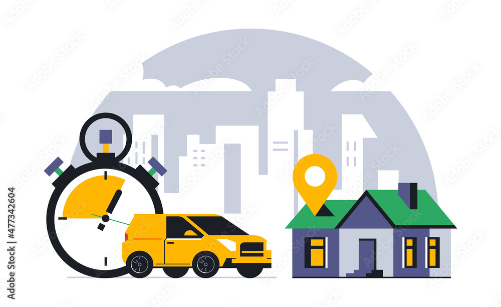 Online food delivery service to your home. Fast food delivery by courier car. Timer, stopwatch, time, gps point. Vector illustration