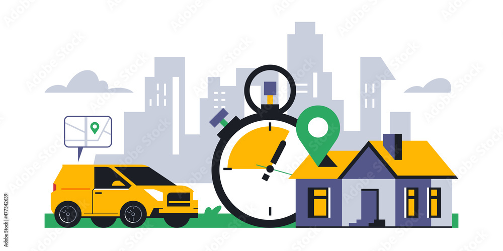 Online food delivery service to your home. Fast food delivery by courier car. Timer, stopwatch, time, address, map, street, route, gps, location, city. Vector illustration.