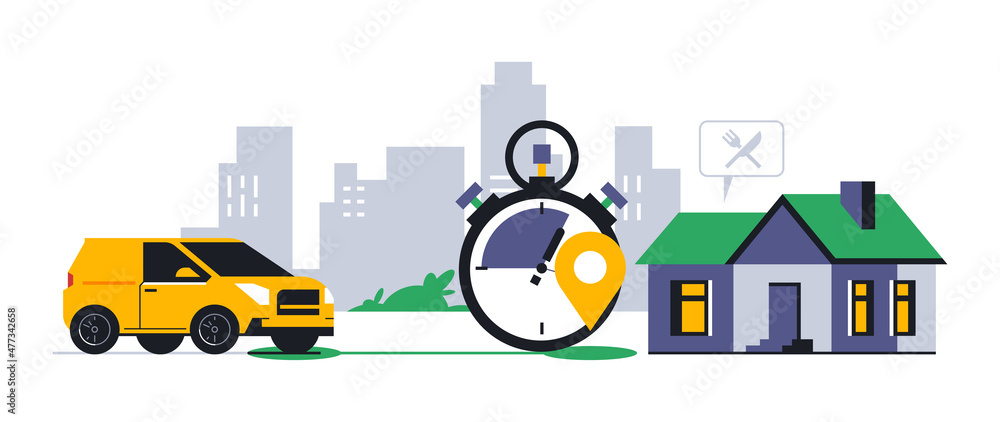 Fototapeta premium Online food delivery service to your home. Fast food delivery by courier car. Timer, stopwatch, time, address, route, gps point, location, city, sign, icon. Vector illustration.