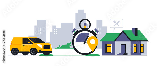Online food delivery service to your home. Fast food delivery by courier car. Timer, stopwatch, time, address, route, gps point, location, city, sign, icon. Vector illustration.