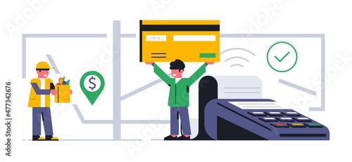Online food delivery service to your home. The courier delivered the products to the order address. Map, street, location, payment, terminal, bank card, money, eat, product. Vector illustration