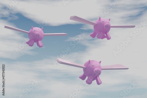When pigs fly, 3d render illustration of 3 pigs flying through a blue sky with clouds photo