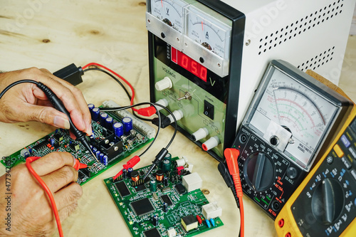 Electronics Repair Technician - A specialist inspects electronic units and performs electrical measurements, laboratory adjustable power supply and multimeters. 