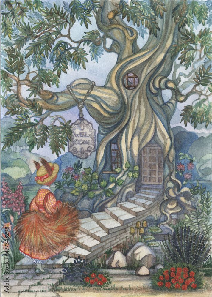 illustration of a fairy tale about a red squirrel with a magic oak