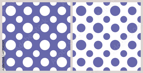 Seamless polka dot pattern background set. Color trend of the year 2022 very peri. Design texture elements for fabric, tile, banner, template, card, cover, poster, backdrop, wall. Vector illustration.