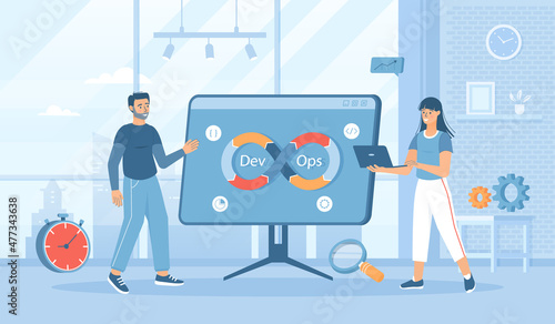 DevOps developers work with automation process in shape of infinity sign. Software development. Flat cartoon vector illustration with people characters for banner, website design or landing web page