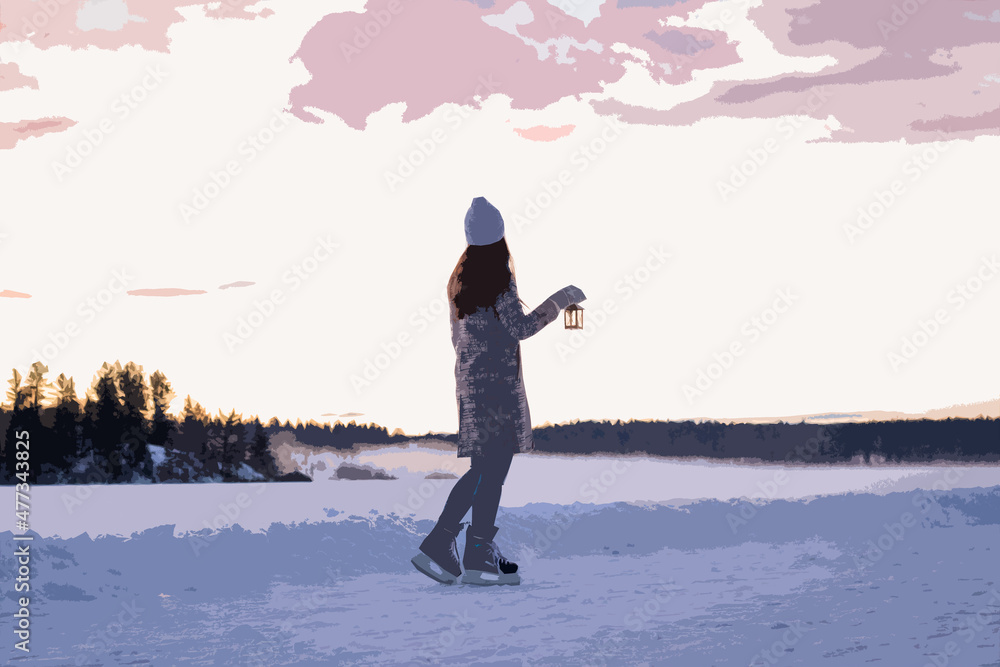 Skating Girl on lake looking at colorful sunrise with lantern