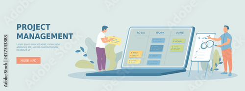 Project management, time planning, scheduling. Online app, to do list, project manager interface. Promotional web banner. Cartoon flat vector illustration with people characters.
