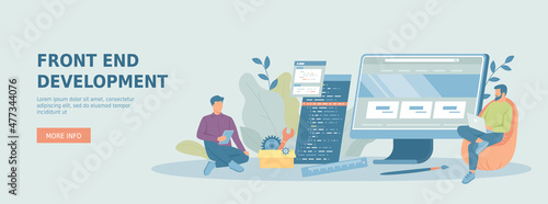 Front End development. The programmers is developing a website ui ux interface on monitor screen. Promotional web banner. Cartoon flat vector illustration with people characters.