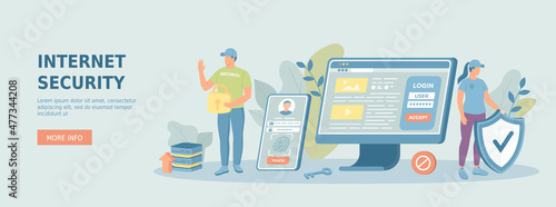 Internet security, data protecting. Online secured system. Password protection, touch id, face id. Promotional web banner. Cartoon flat vector illustration with people characters.