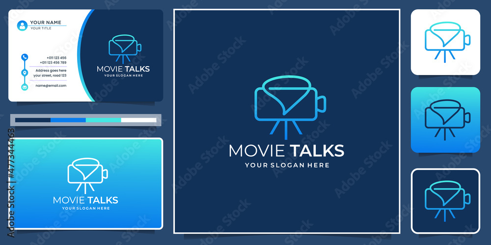 minimalist movie camera logo production combine chat talk symbol creative concept with business card