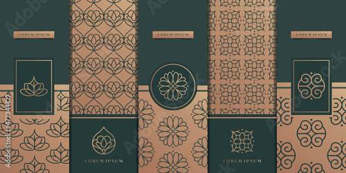 Vector set of design elements labels, icon, logo, frame, luxury packaging for the product. Vertical black cards on a gold background. Templates vintage ornament pattern logo.