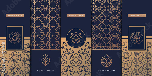 Vector set of design elements labels, icon, logo, frame, luxury packaging for the product. Vertical black cards on a gold background. Templates vintage ornament pattern logo.