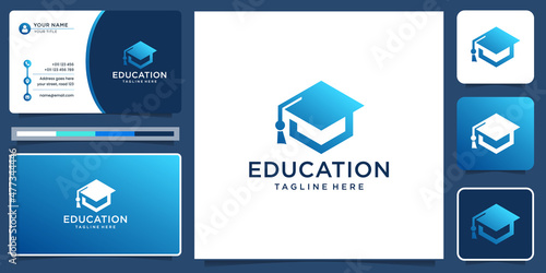 Graduation cap logo icon template with business card. Graduation hat College, university, school icons. Uniform vector, wisdom, exam and prom. Back to school concept