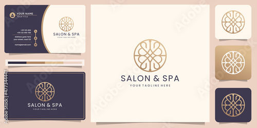 Feminine beauty logo salon and spa. line art circle shape abstract with minimalist and business card