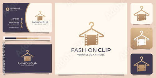 Film stripes with fashion clip for movie logo design and business card template. Premium Vector