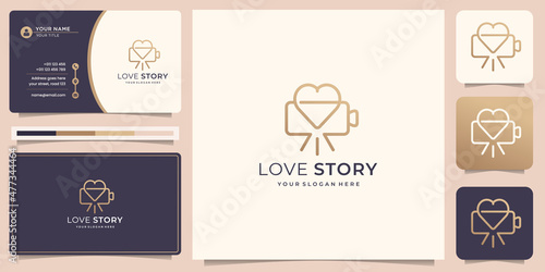 love story logo template. minimal camera logo with love heart design. love story, logotype, cinema, gold color.