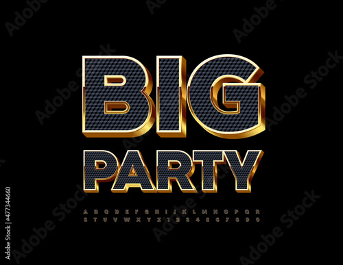 Vector chic Logo Big Party. Luxury 3D Font. Unique Black and Gold Alphabet Letters and Numbers set
